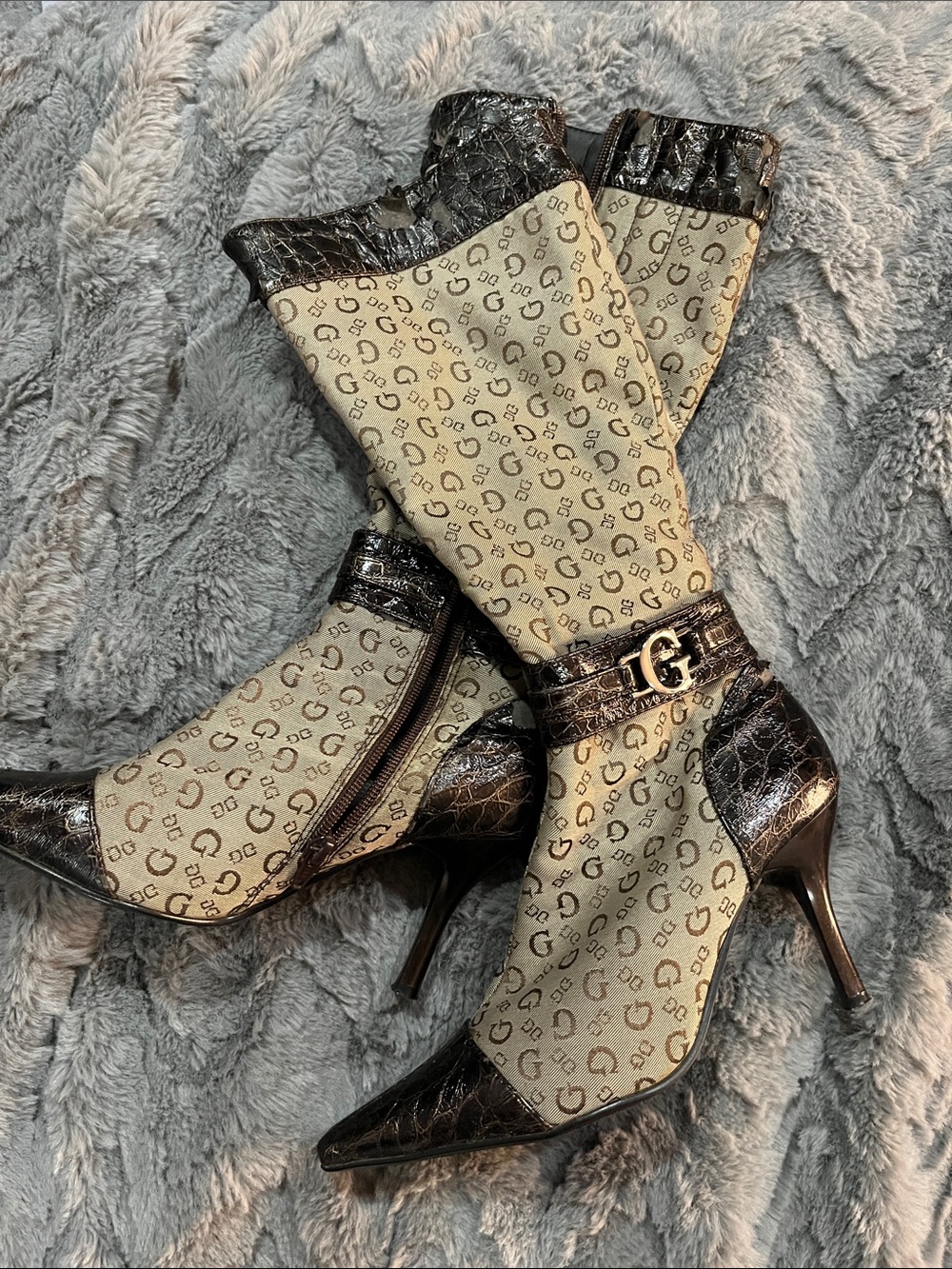 !!READ DESCRIPTION!!!
G by Guess Beige Monogram and Brown Croc-Trim Knee Boots